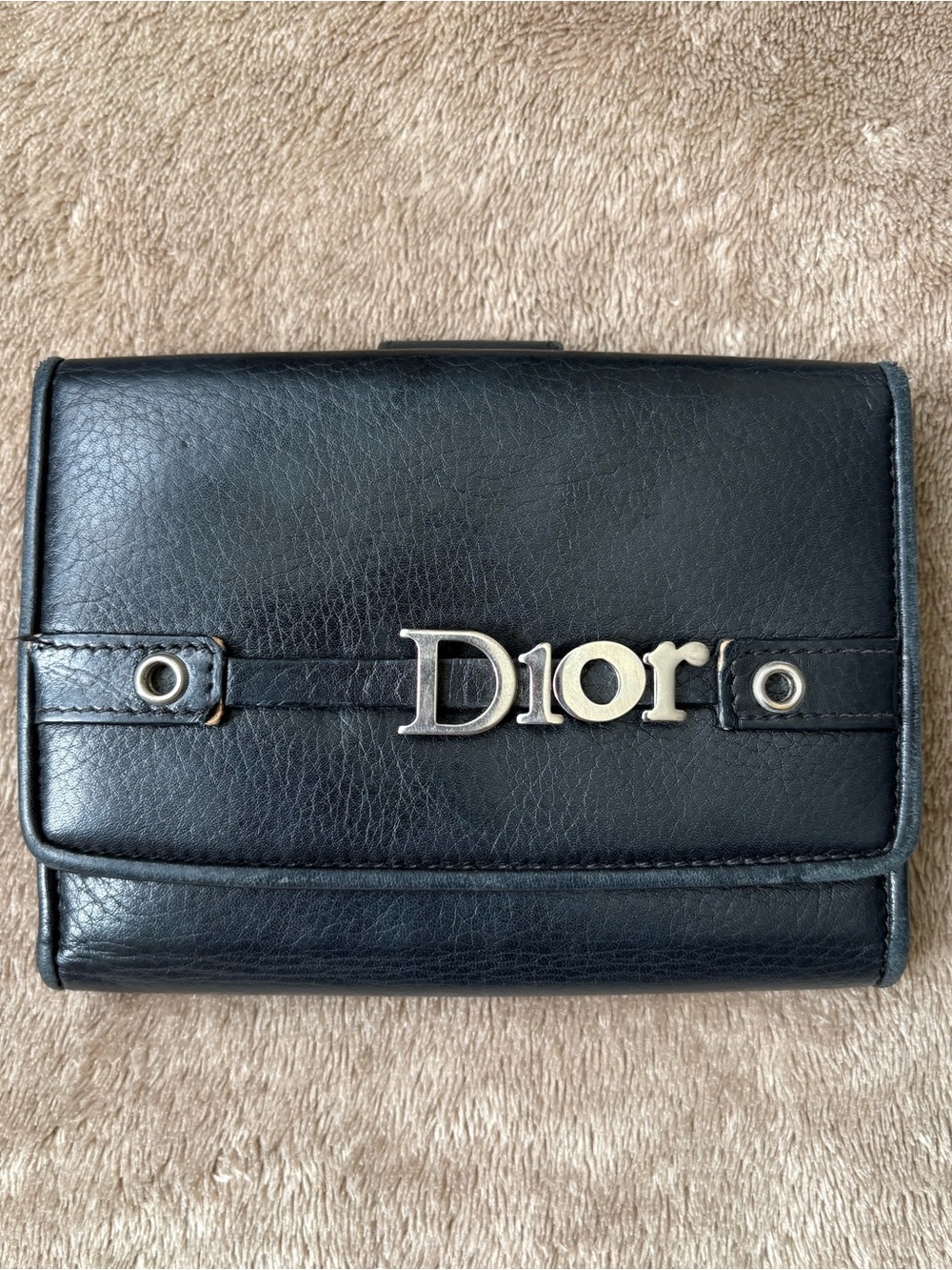 Dior Black Leather Compact bi-fold Wallet with Silver Logo